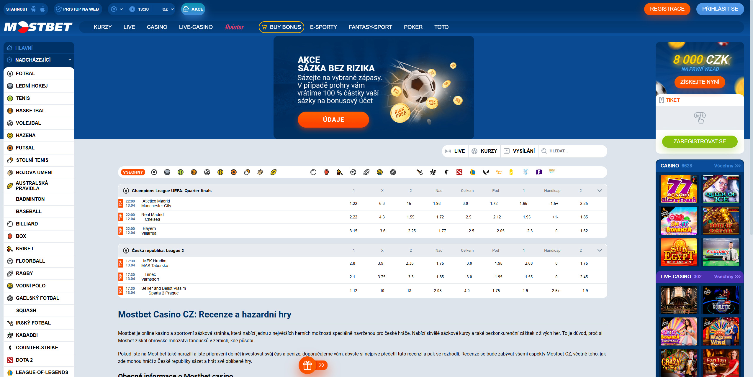 Hlavní stránka Mostbet v Česku - sportovní sázení a online kasino